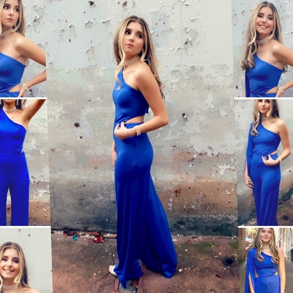 SEXY VENUS BLUE ONE SHOULDER SIDE CUT OUT JUMPSUIT ~ One Shoulder Flowy Romper - Picture 16 of 16